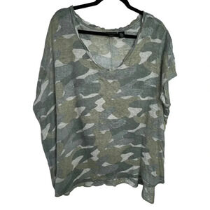 Tahari 2X plus-size 100% linen green camo lightweight‎ V-neck short sleeve top